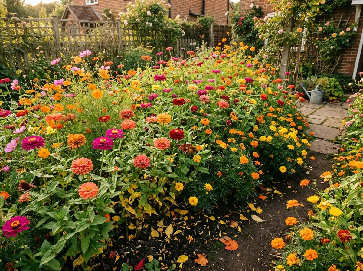 Garden bed in late season, still in heavy bloom