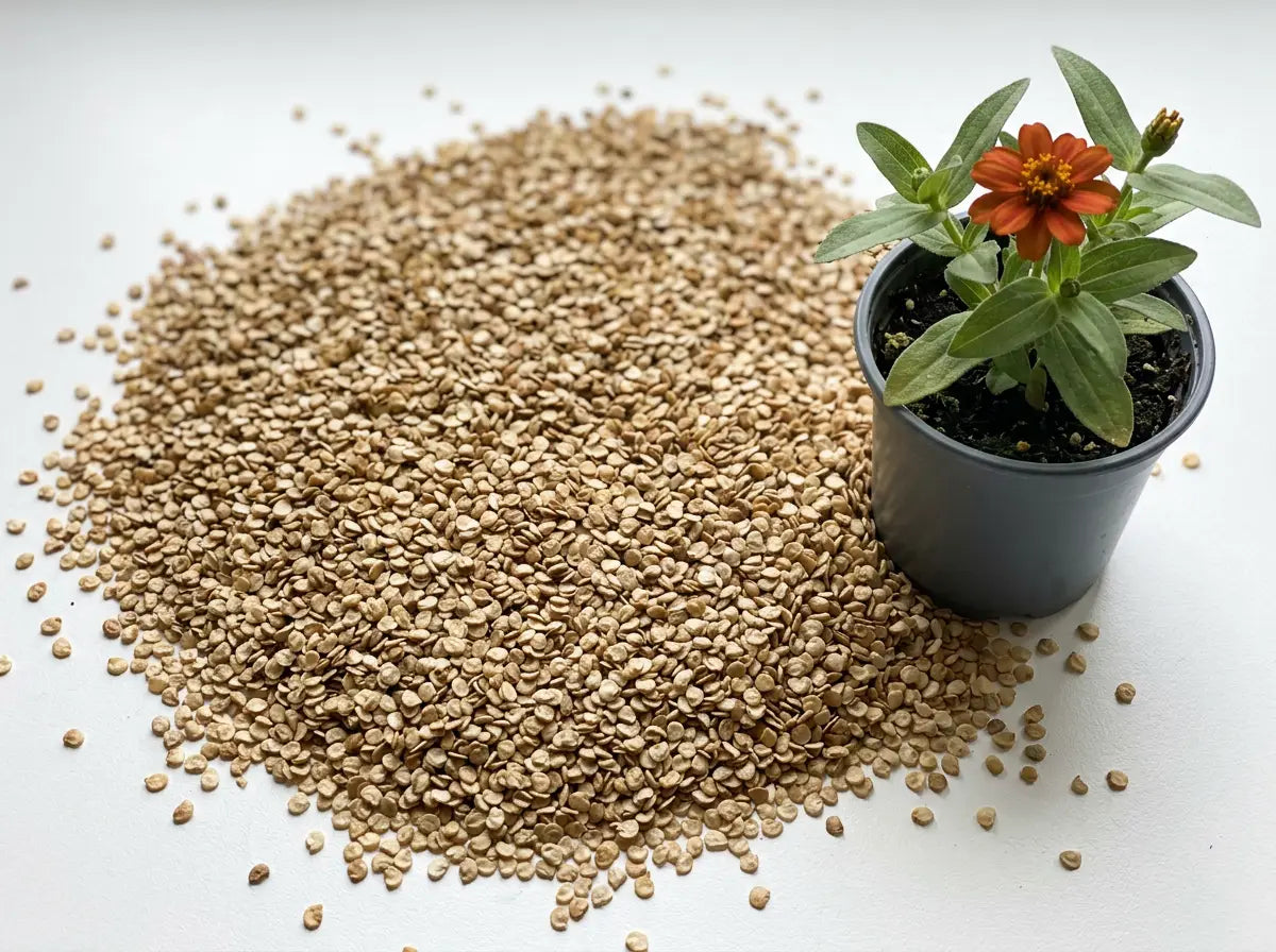 Seeds poured out beside a single store-bought plant, for scale