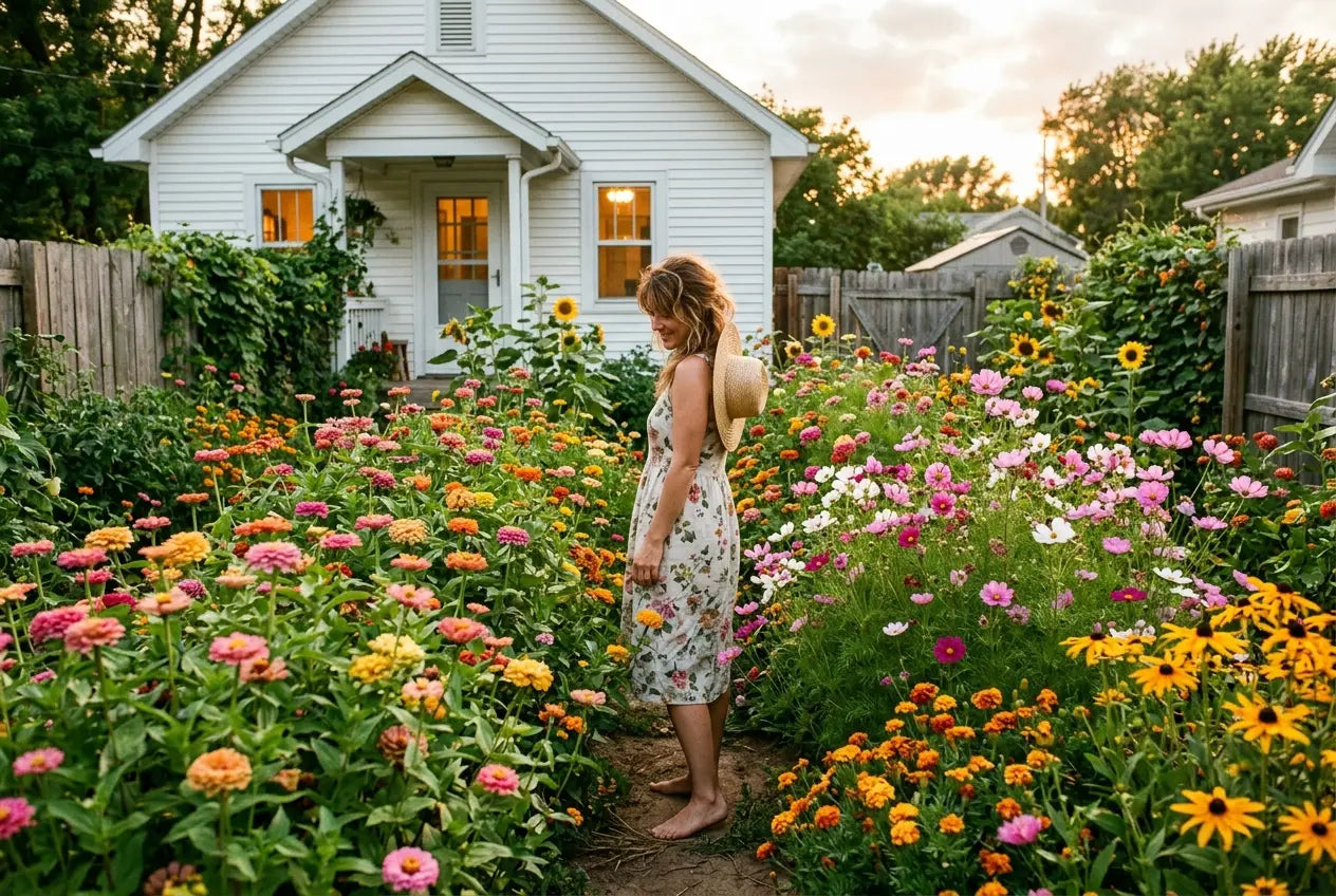 Person standing in their own full garden, late summer