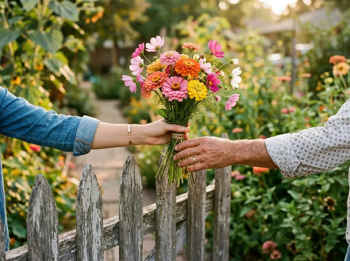 Armful of cut flowers, handing a bunch over a fence
