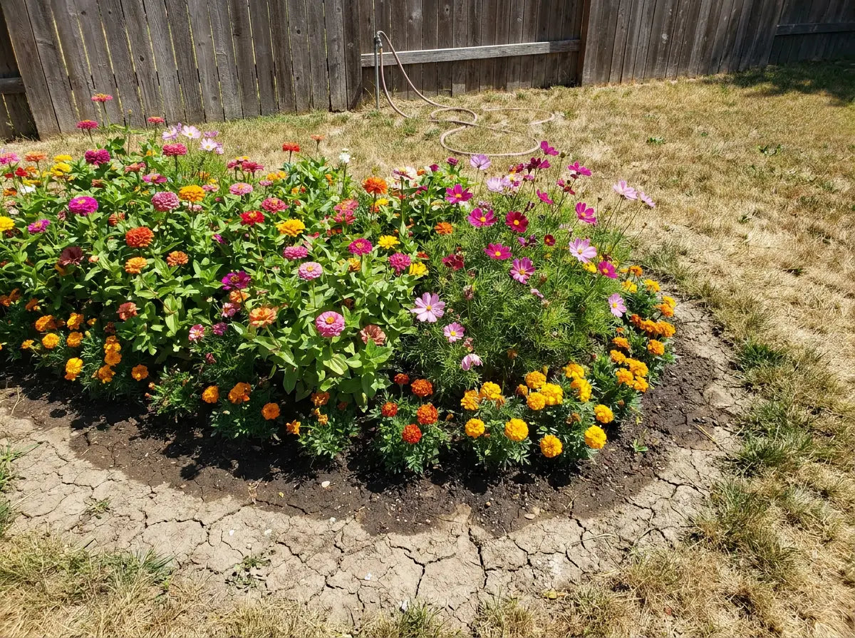 Thriving bed in high summer, dry conditions visible