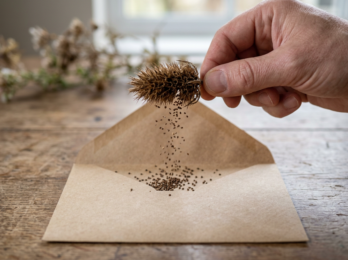 Hand snapping dried seed heads into an envelope