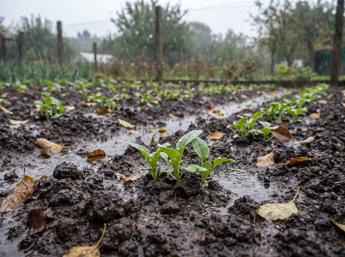 Rain falling on an established seedbed, autumn light