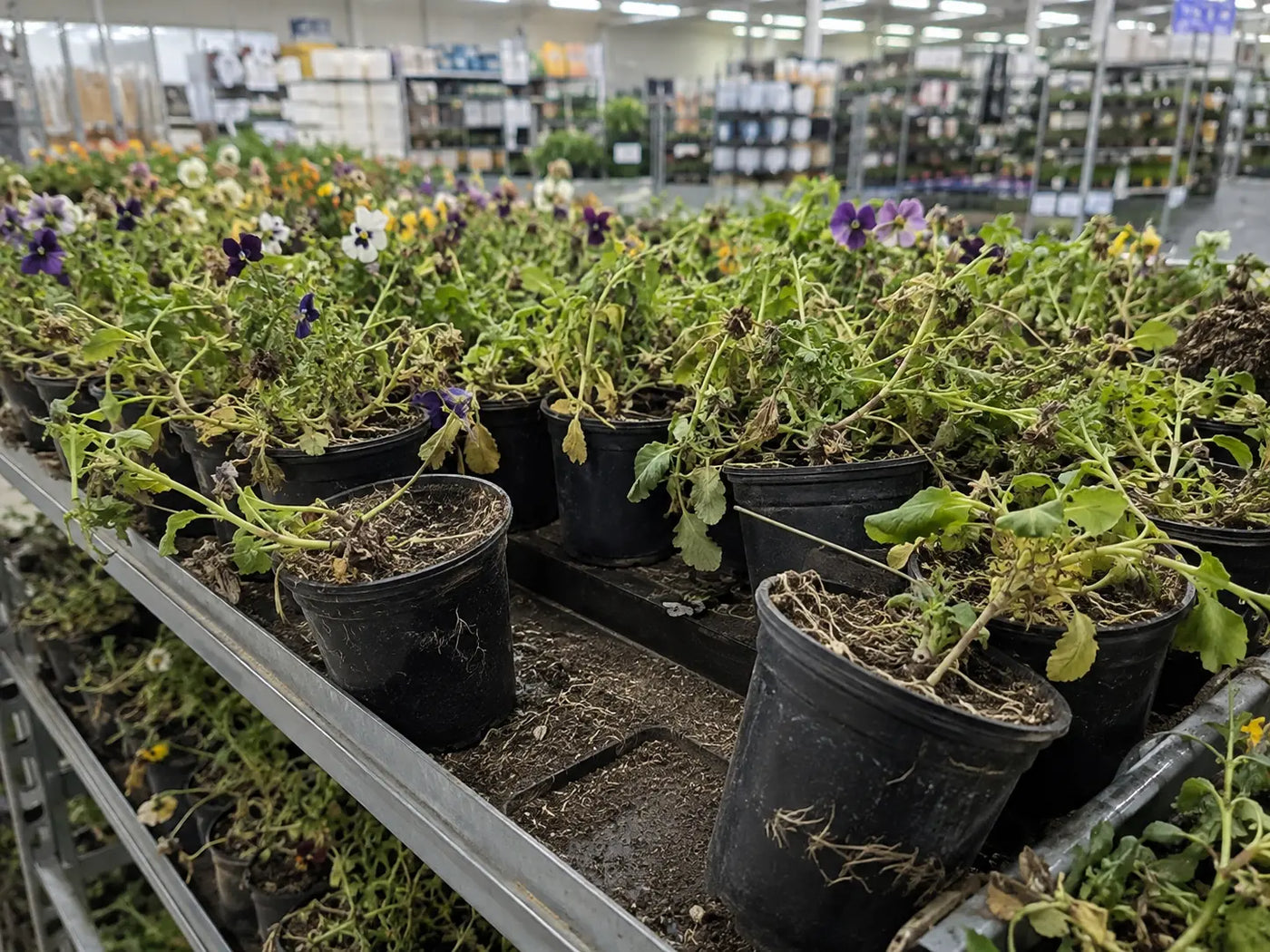 Garden center shelf of root-bound flowers in plastic pots