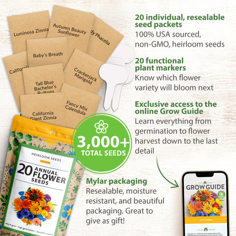 20 Annual Flower Seeds Packet with Wildflower Seeds - Homegrown Garden